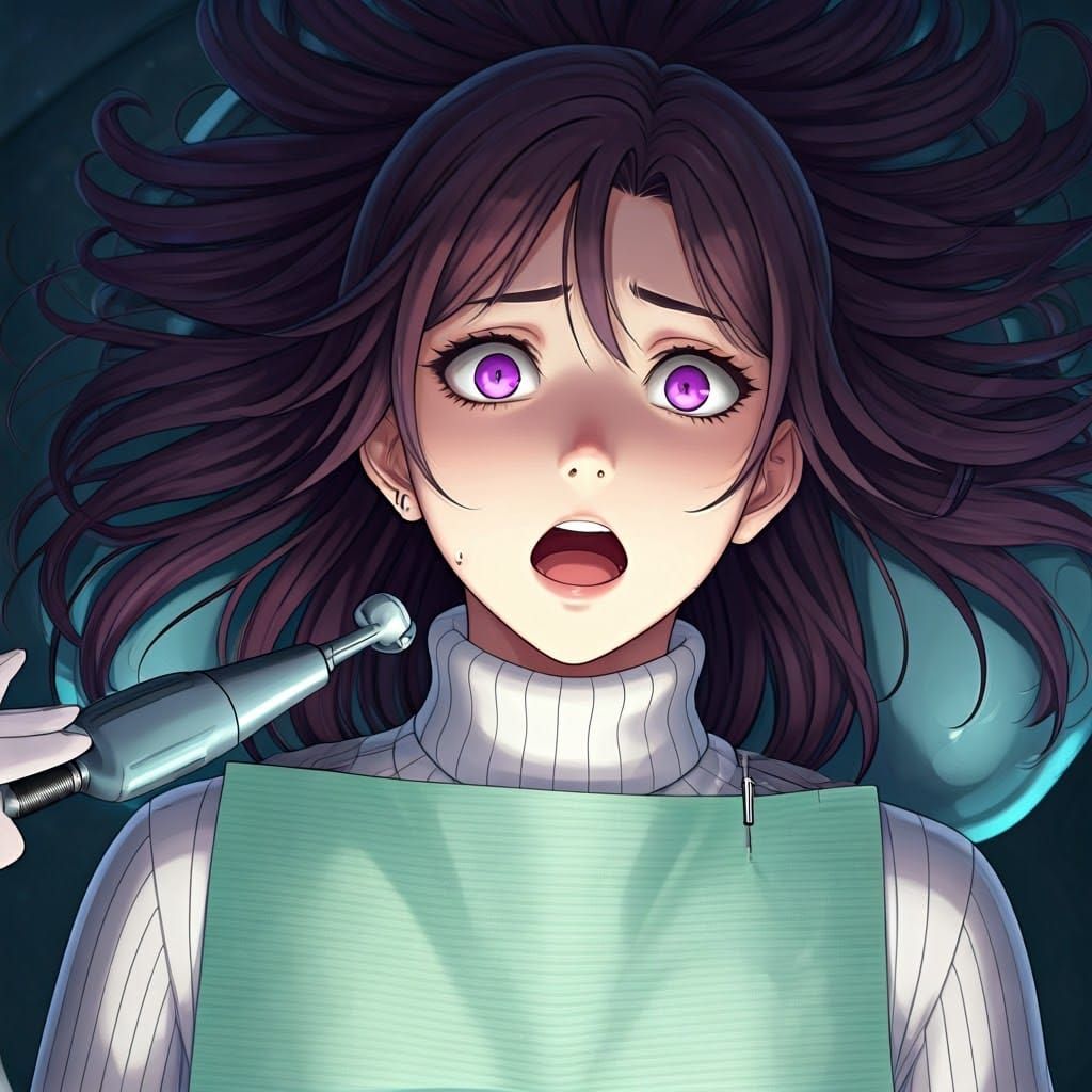 Terrified Woman in Dentist Chair, Anime Key Visuals