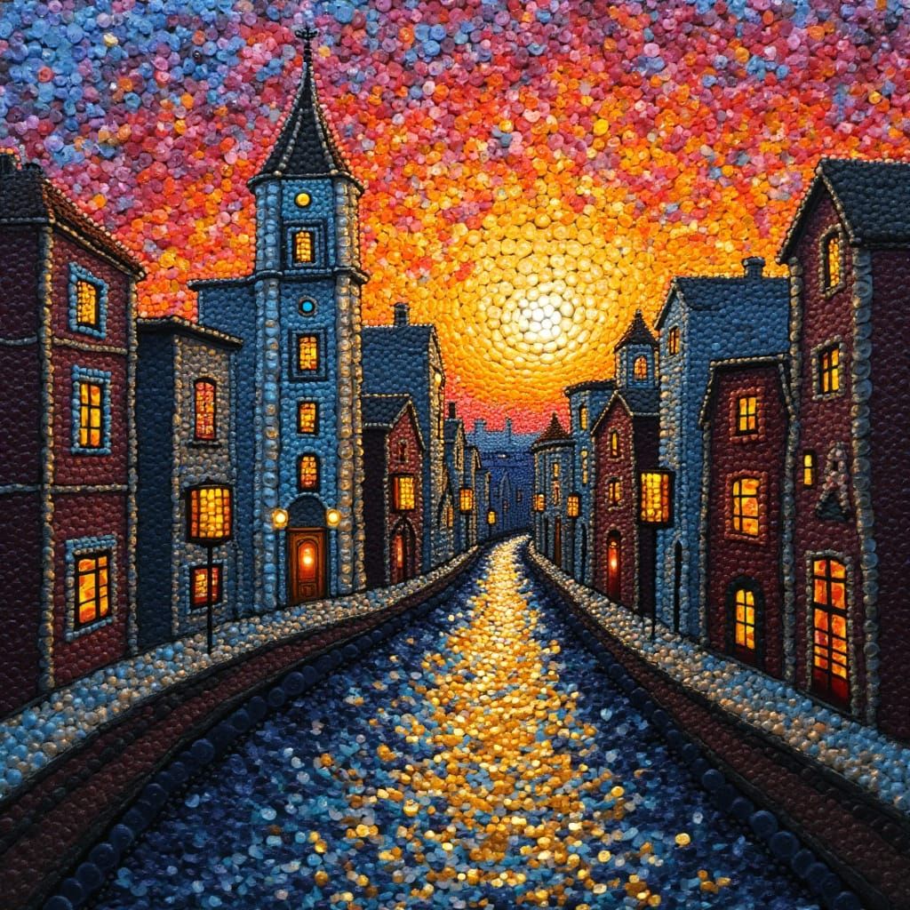 Vibrant Cityscape Art Crafted from Bottle Caps