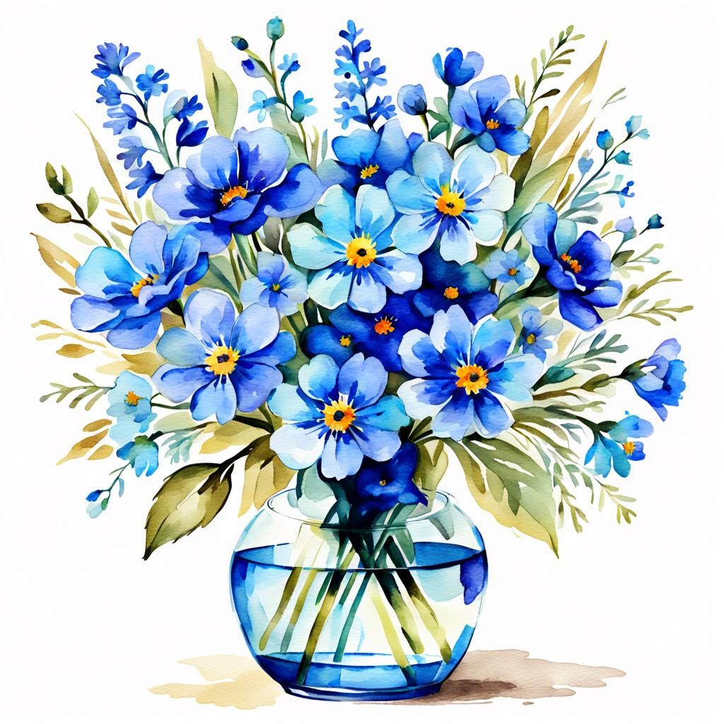 Blue Floral Bouquet: Detailed Watercolor Digital Sketch