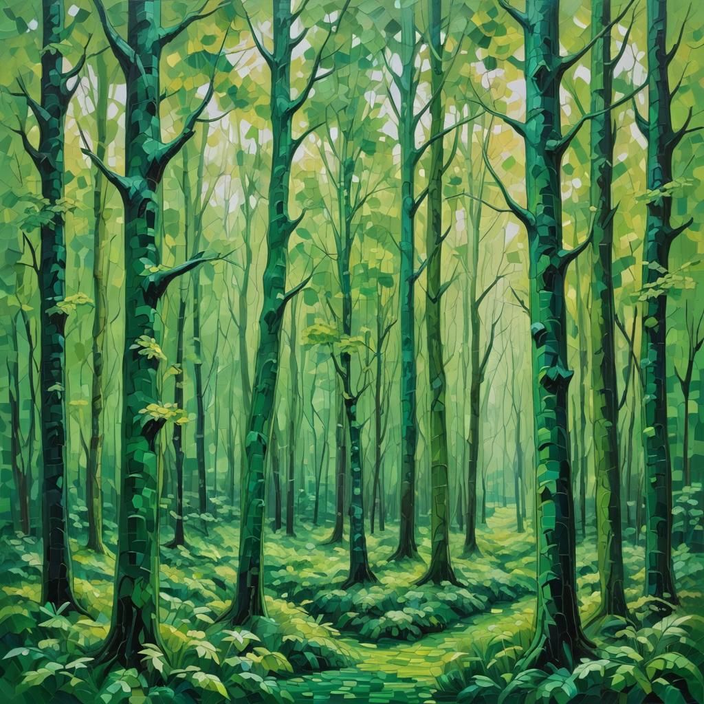 Monochromatic Green Forest in Expressionist Style