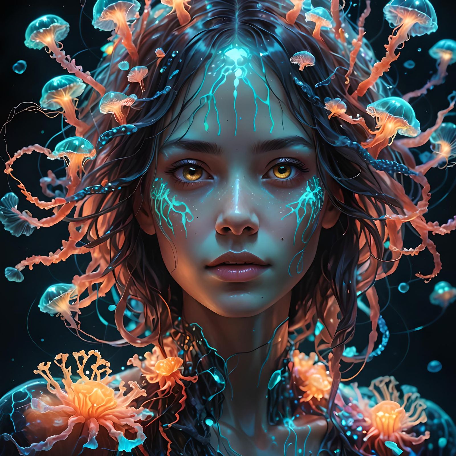 Bioluminescent Coral Woman Portrait in Maximalist Style