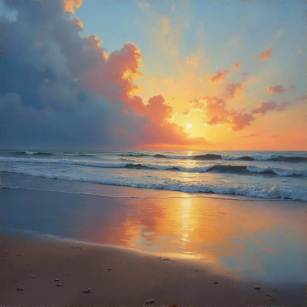 Twilight Beach Sunset Oil Painting