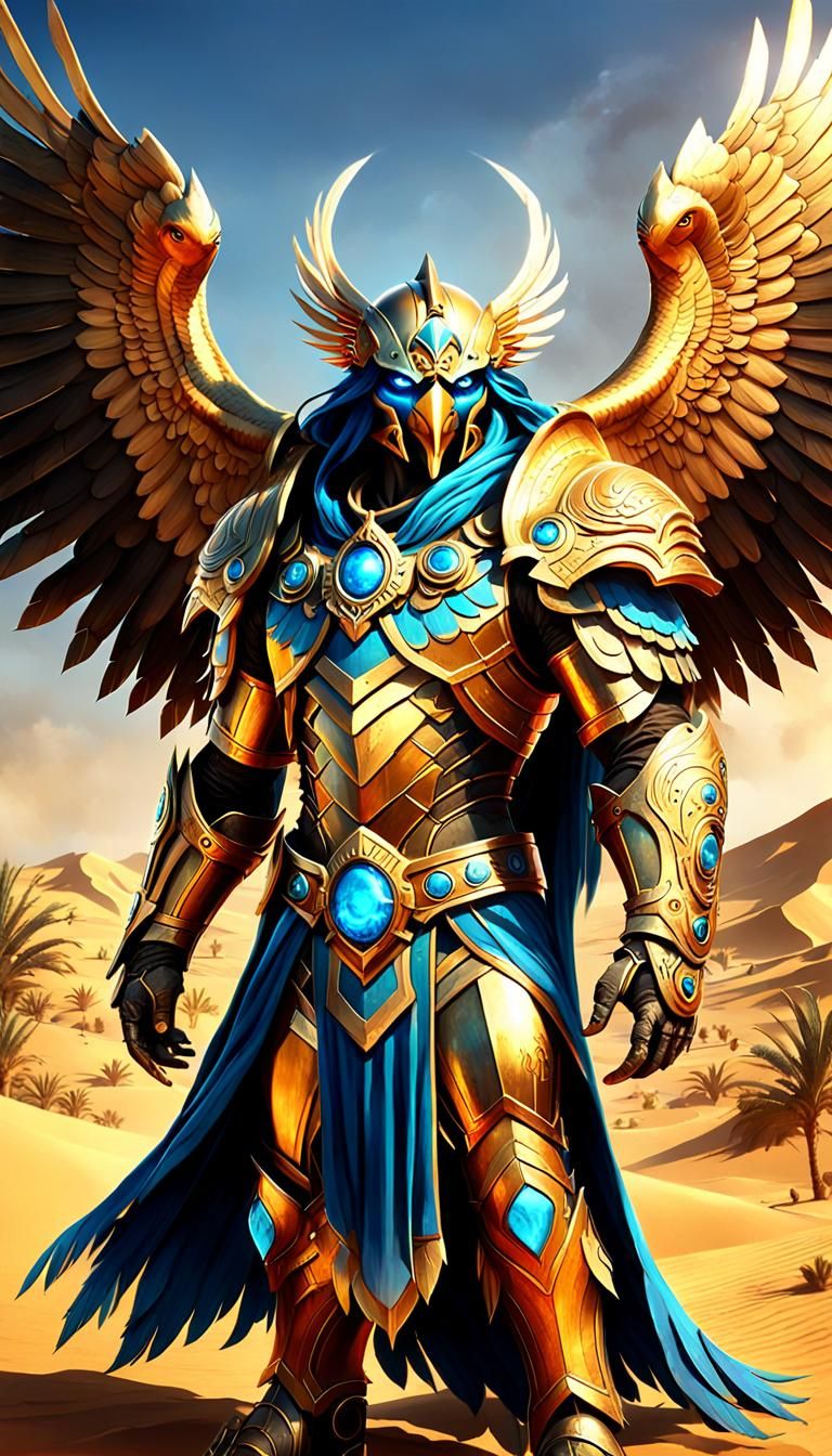 Falcon Guardian God in Golden Armor, 3D Fantasy Art