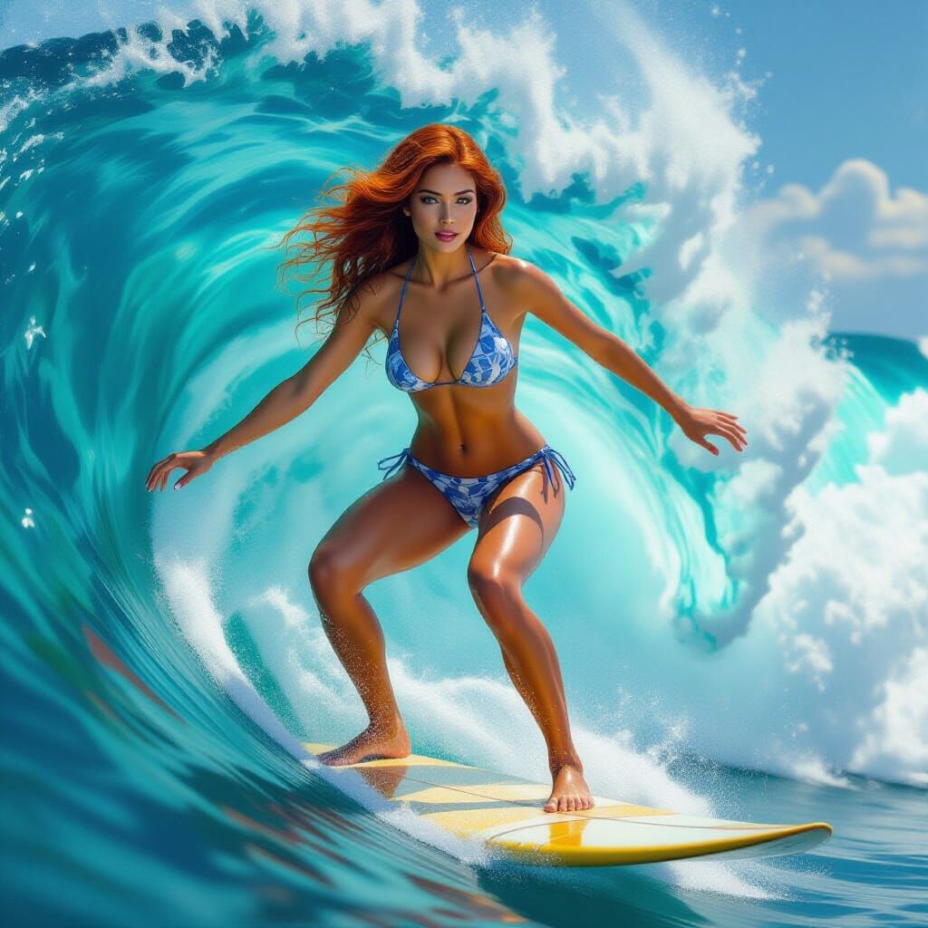 Surfer Girl: Hyperrealistic Painting in Royo Style