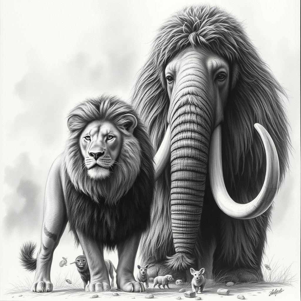 Lion and Mammoth in Primordial Landscape, Charcoal Drawing