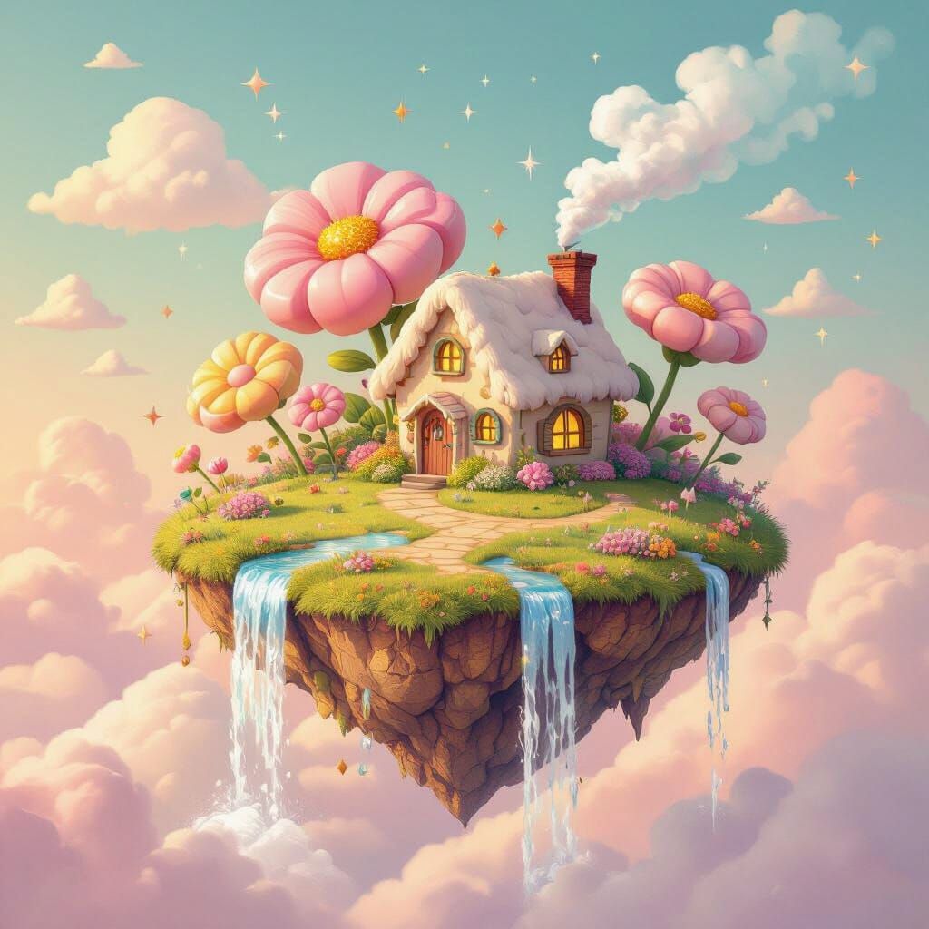 Whimsical Floating Island With Candy Flowers and Waterfalls