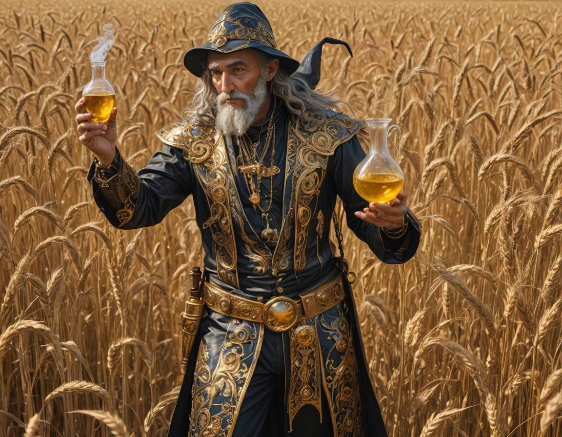 Alchemist Wizard in Golden Wheat Field, Hyperrealistic Art