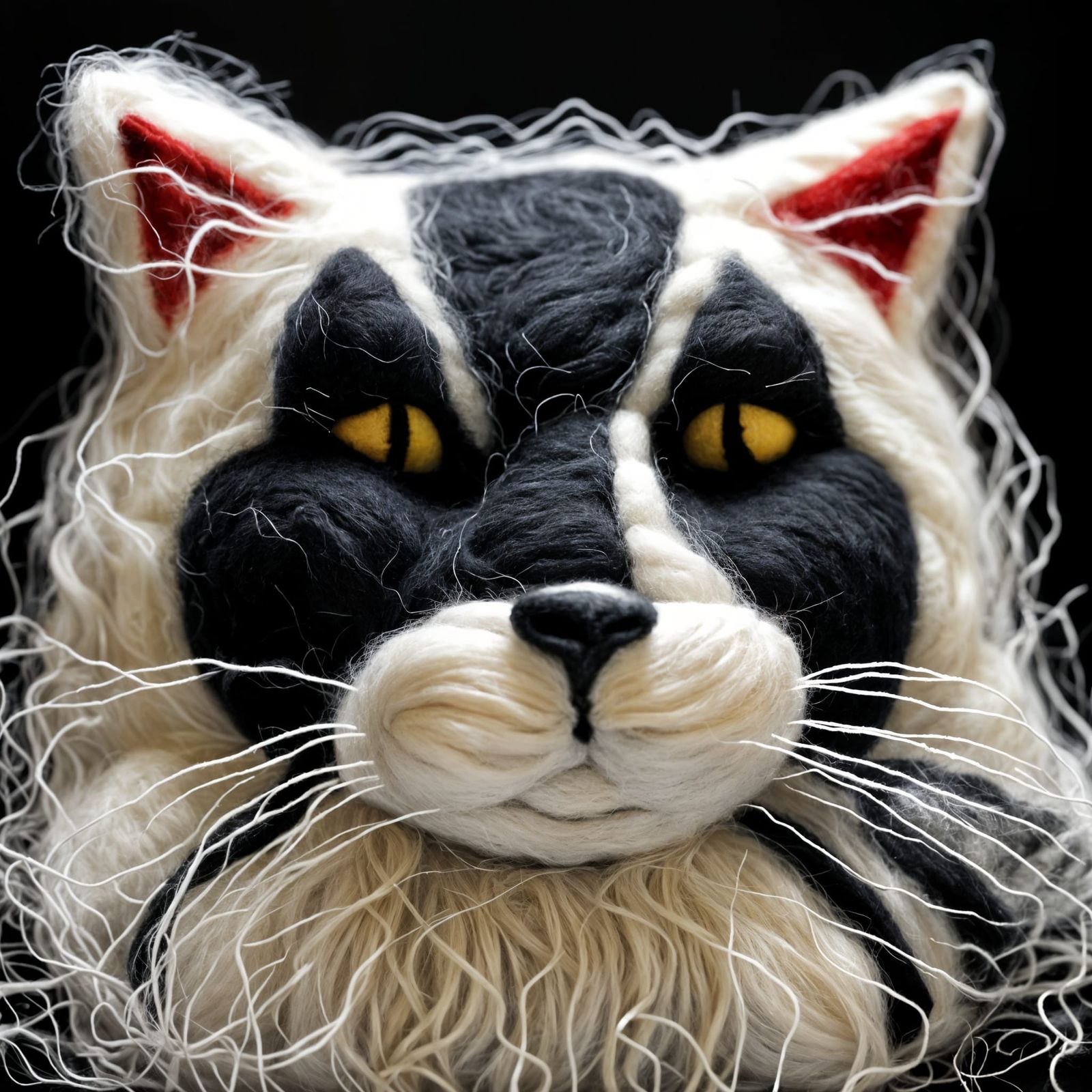 Detailed Felt Art Black and White Cat Face