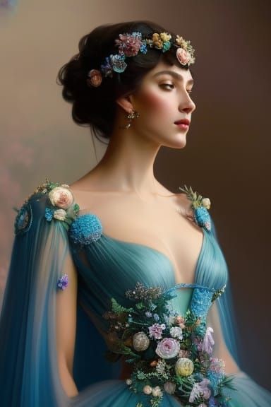 Rococo Portrait of a Jeweled Lady with Flowers