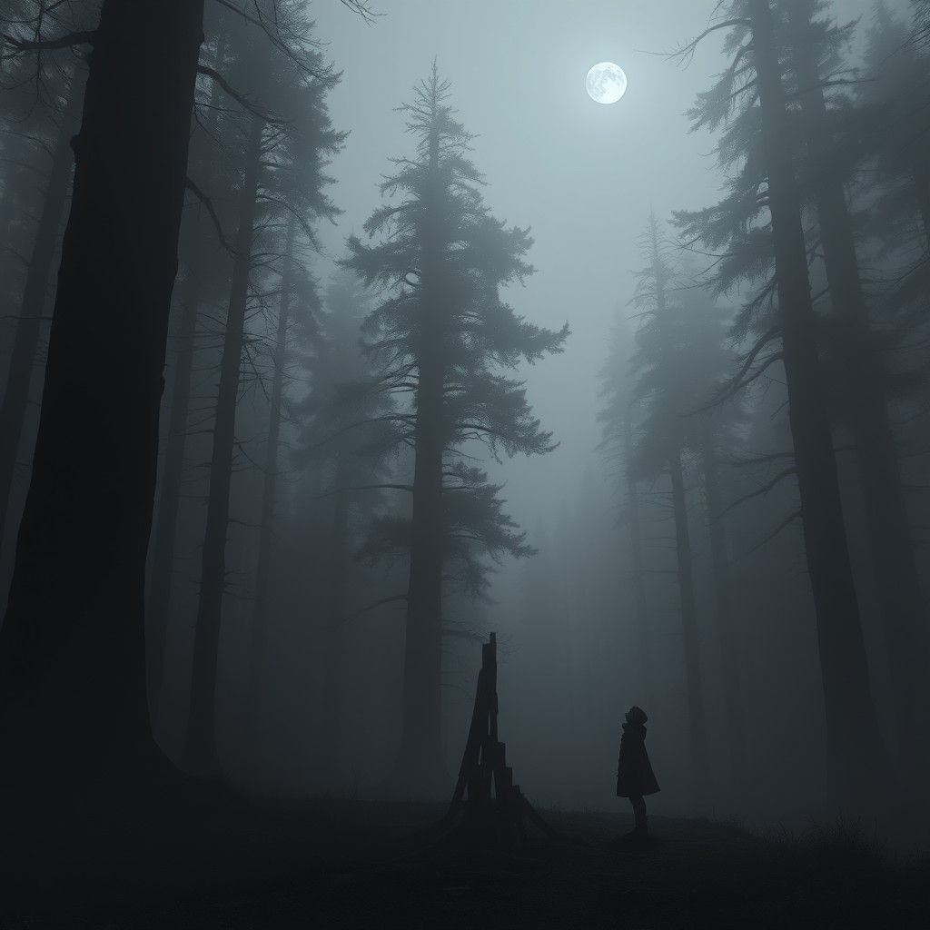 Mystical Forest: Girl Gazing at Trees in Fog