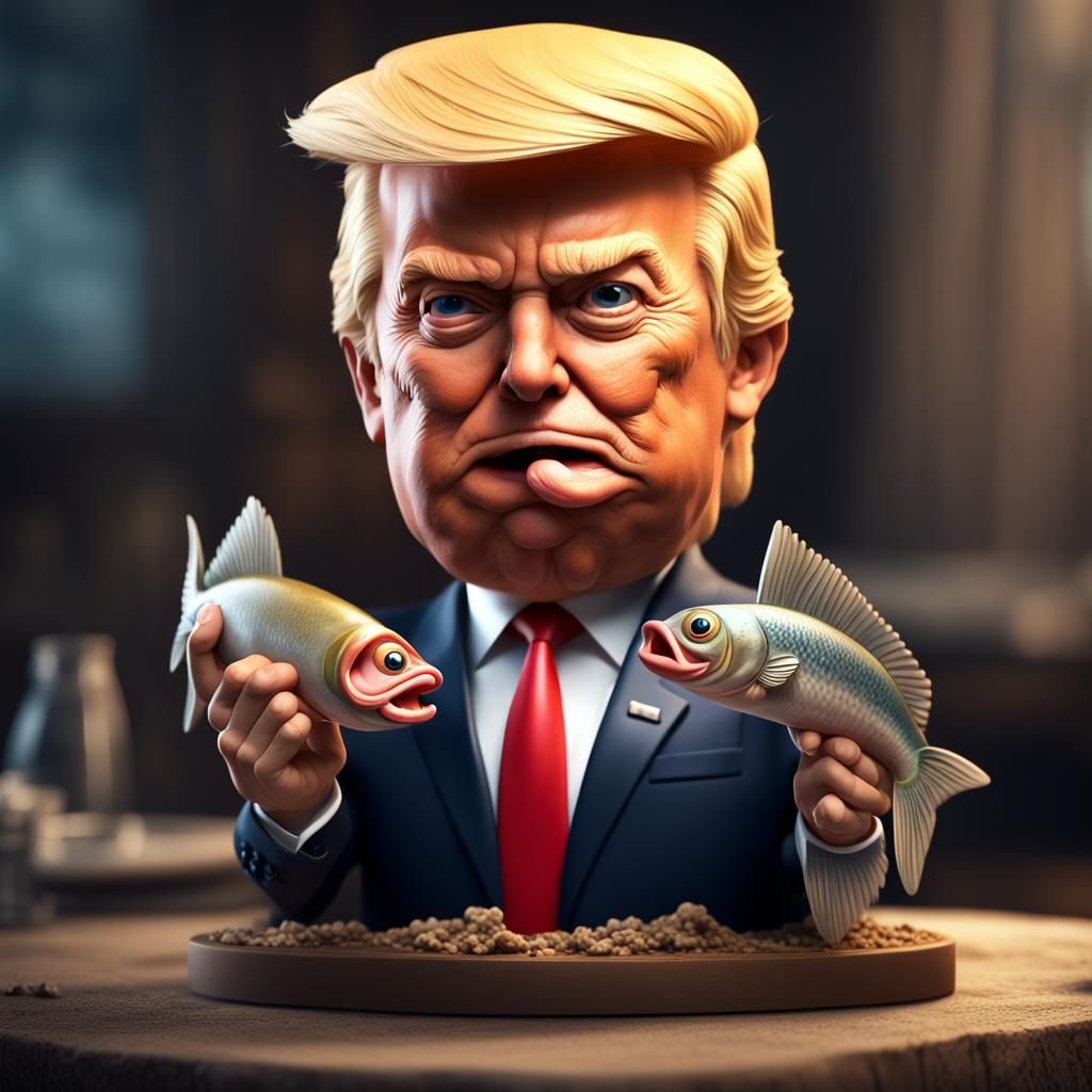 Surreal Trump Bobblehead Eating Fish, Digital Art