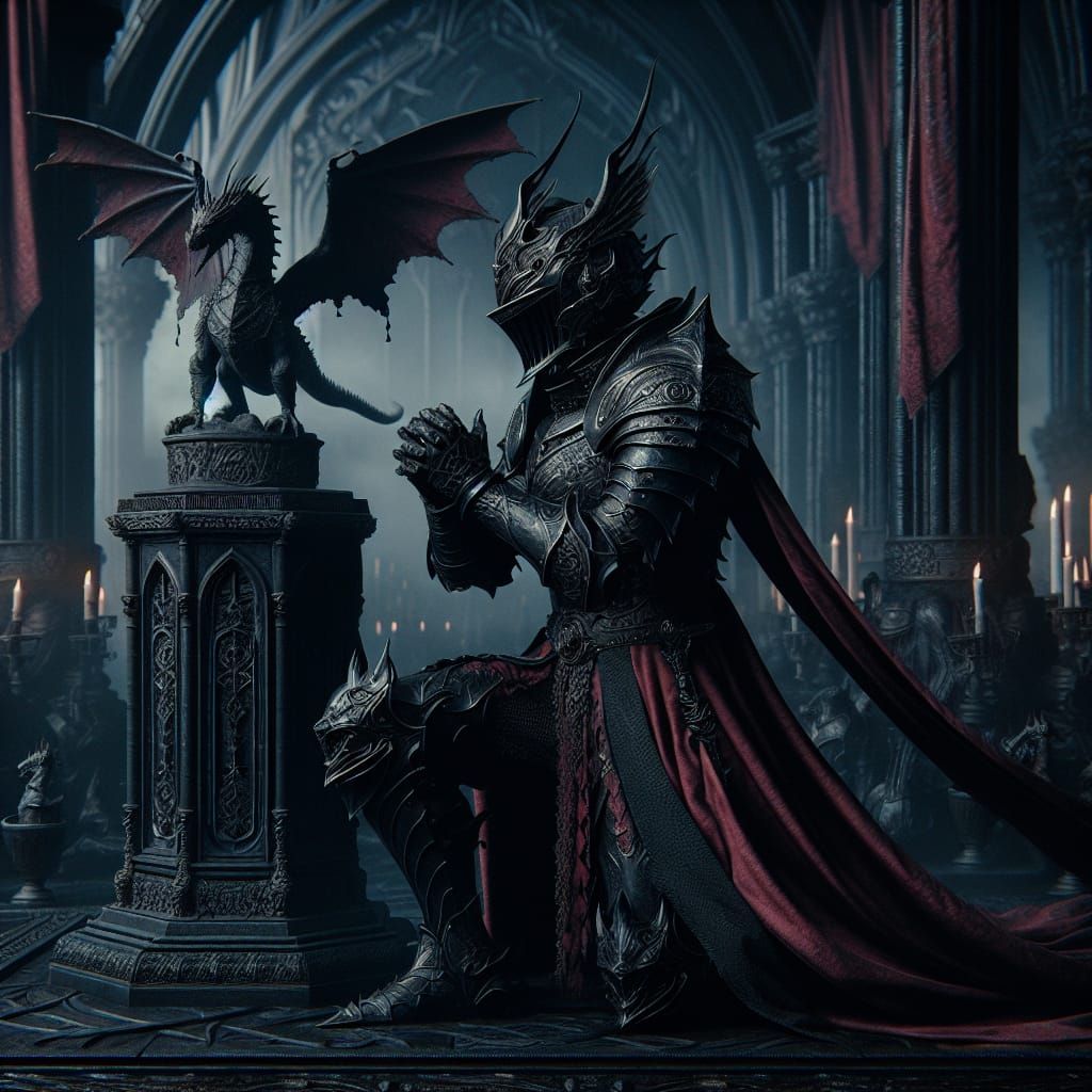 Dark Fantasy Knight Kneeling Before Dragon Altar