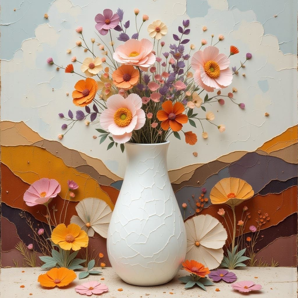 Pastel Flowers in Hand Vase, Whimsical Digital Art