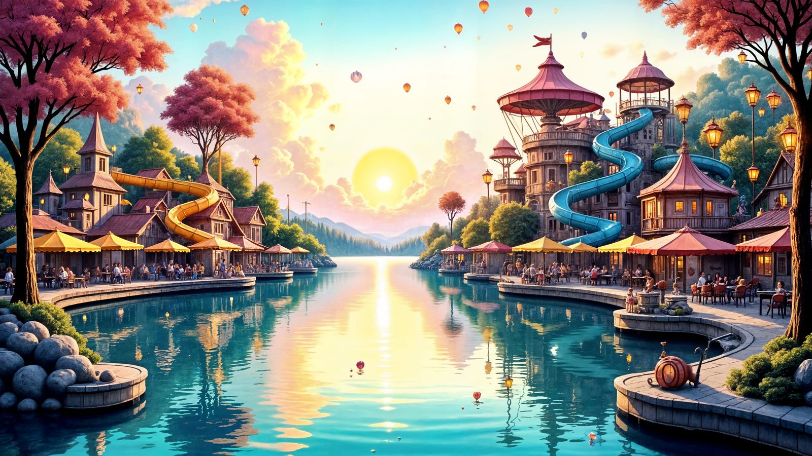 Kidcore Amusement Park on Serene Lake in Watercolor