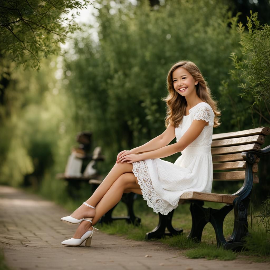 Girl on Bench Digital Art Revealing Bare Feet