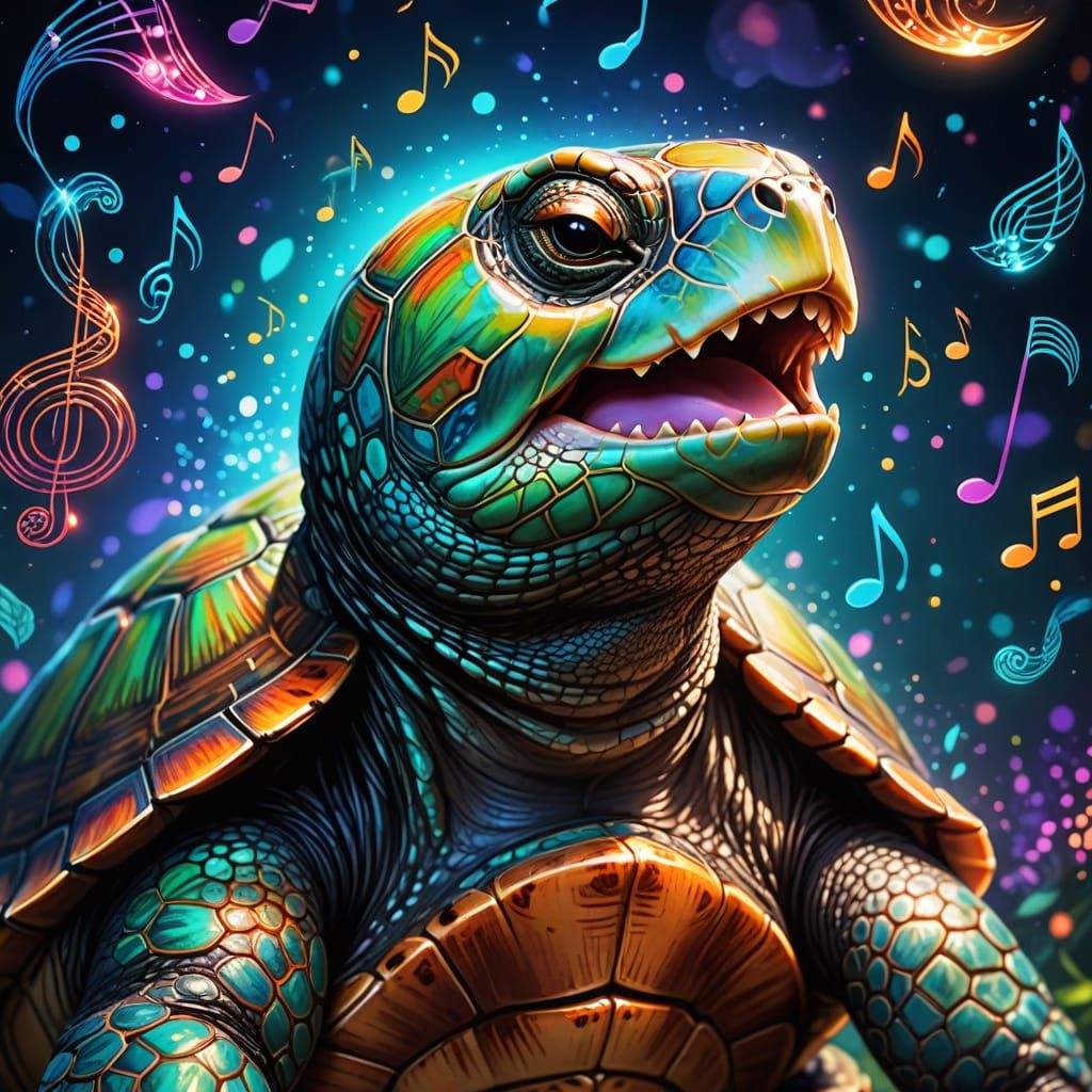 Singing Turtle with Musical Notes in 3D Rendering