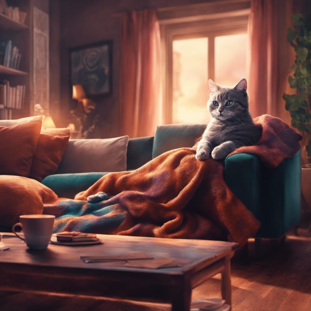 Cozy Evening Movie Night with Cat: Fantasy Art