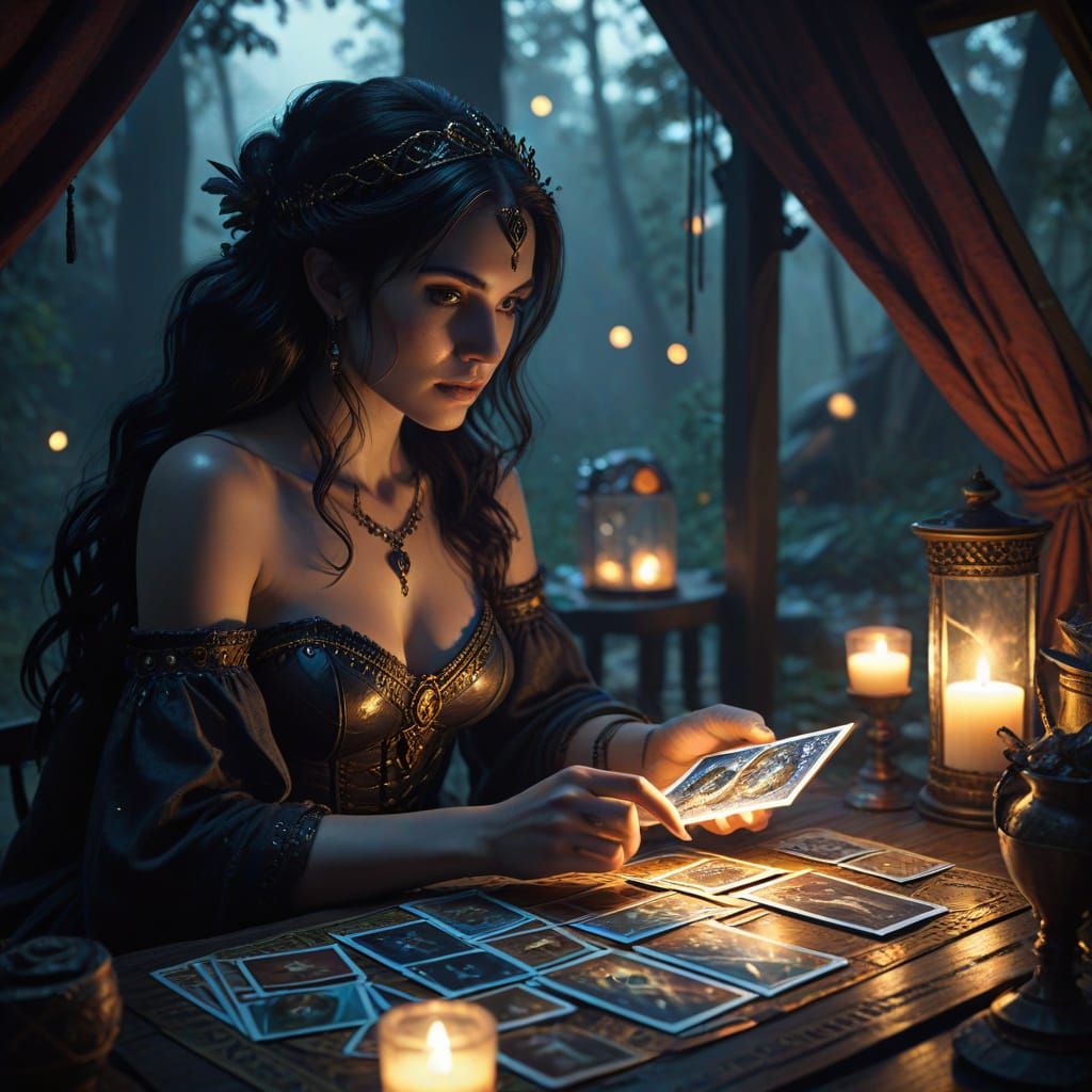 Mystical Tarot Reader in Dark Fantasy Style