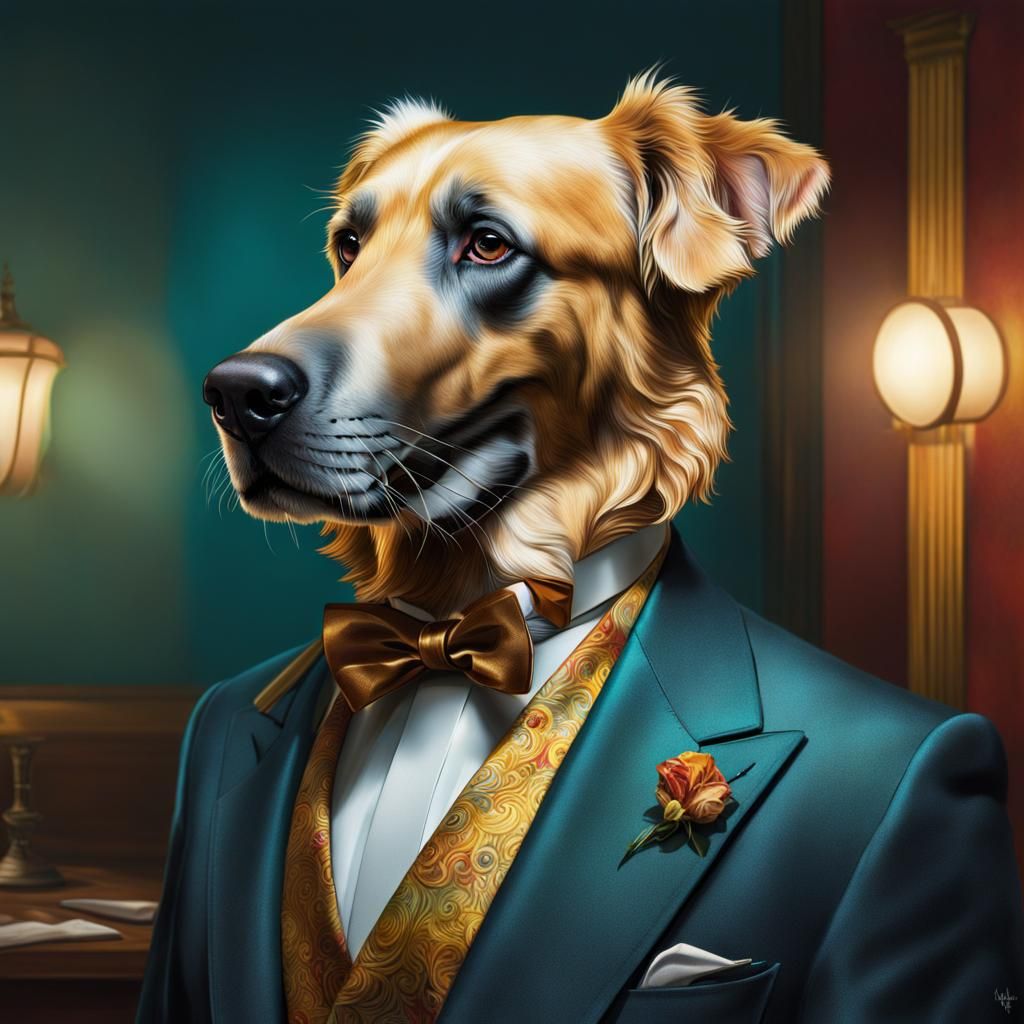 Golden Retriever Man Tailor in Hyperrealistic Style