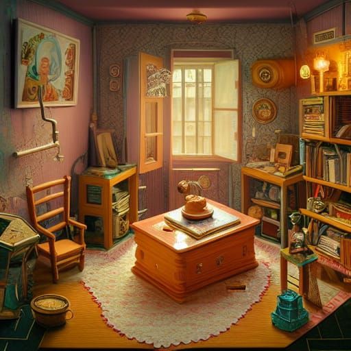 Surreal Isometric Dollhouse Illustration in Digital Art