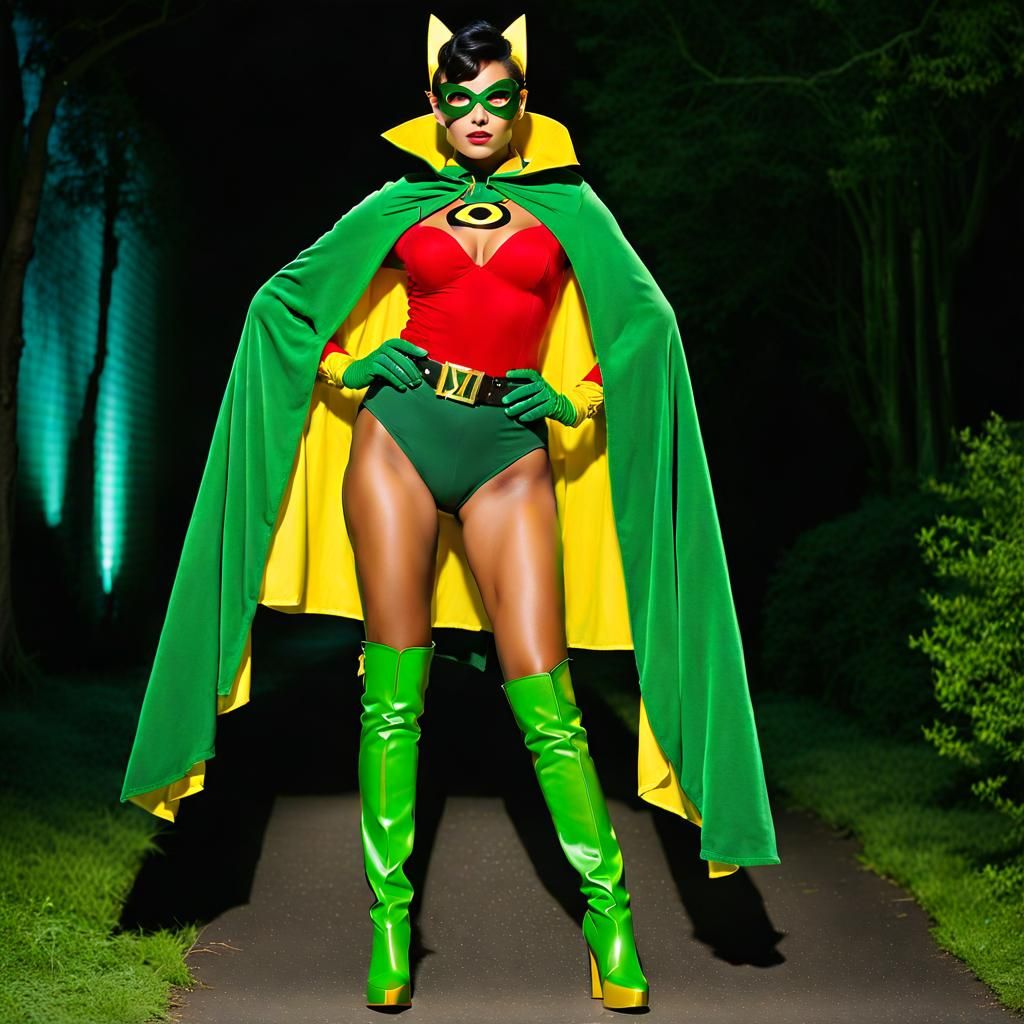 Female Superhero in Red and Green Costume
