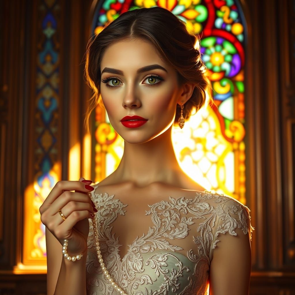 Elegant Woman in Opulent Evening Gown with Pearls and Staine...