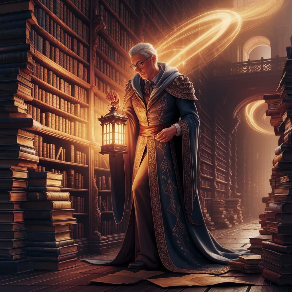 Majestic Librarian in Grand Library, Fantasy Digital Art