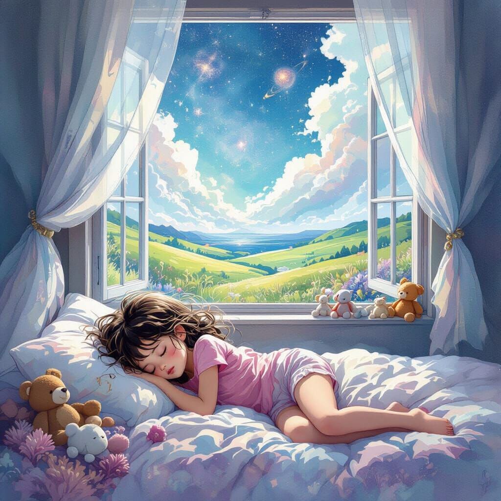 Girl Napping Serene Anime Pastels Alcohol Ink Wash