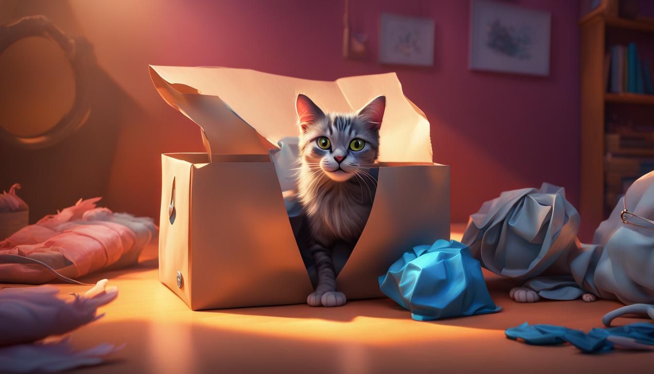 Cat Escaping Bag: Pixar-Style 3D Digital Art