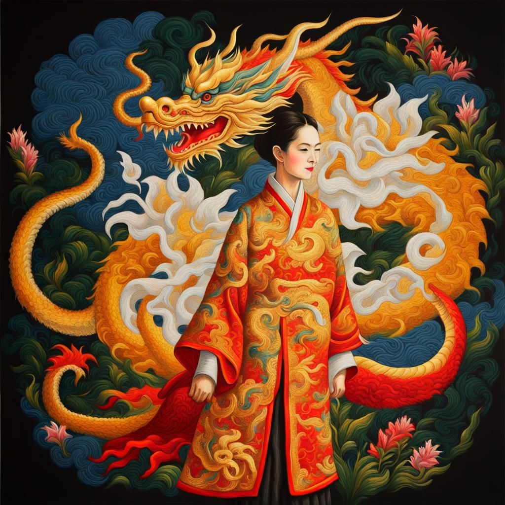 Embroidered Dragon Robe in Expressionist Oil Painting Style