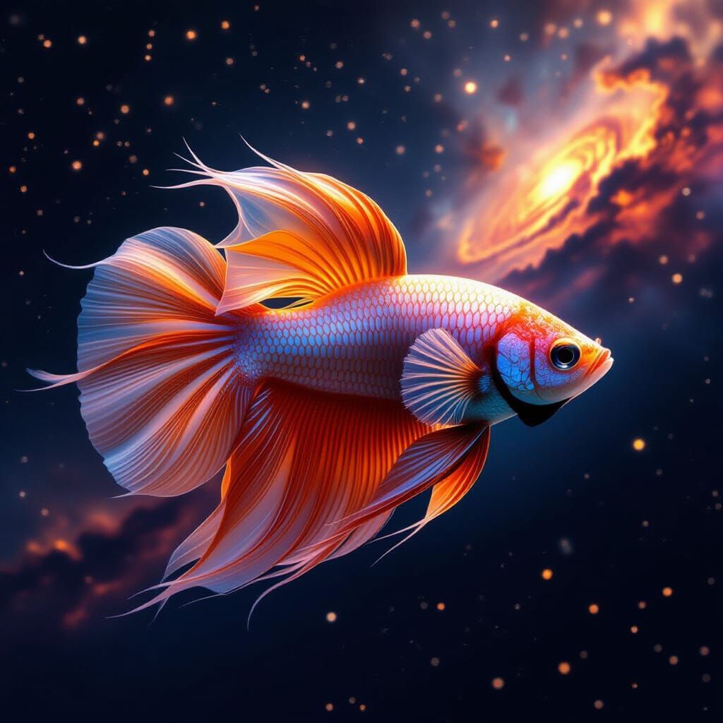Golden Betta Fish in Cosmic Ocean, Hyperrealistic Digital Ar...