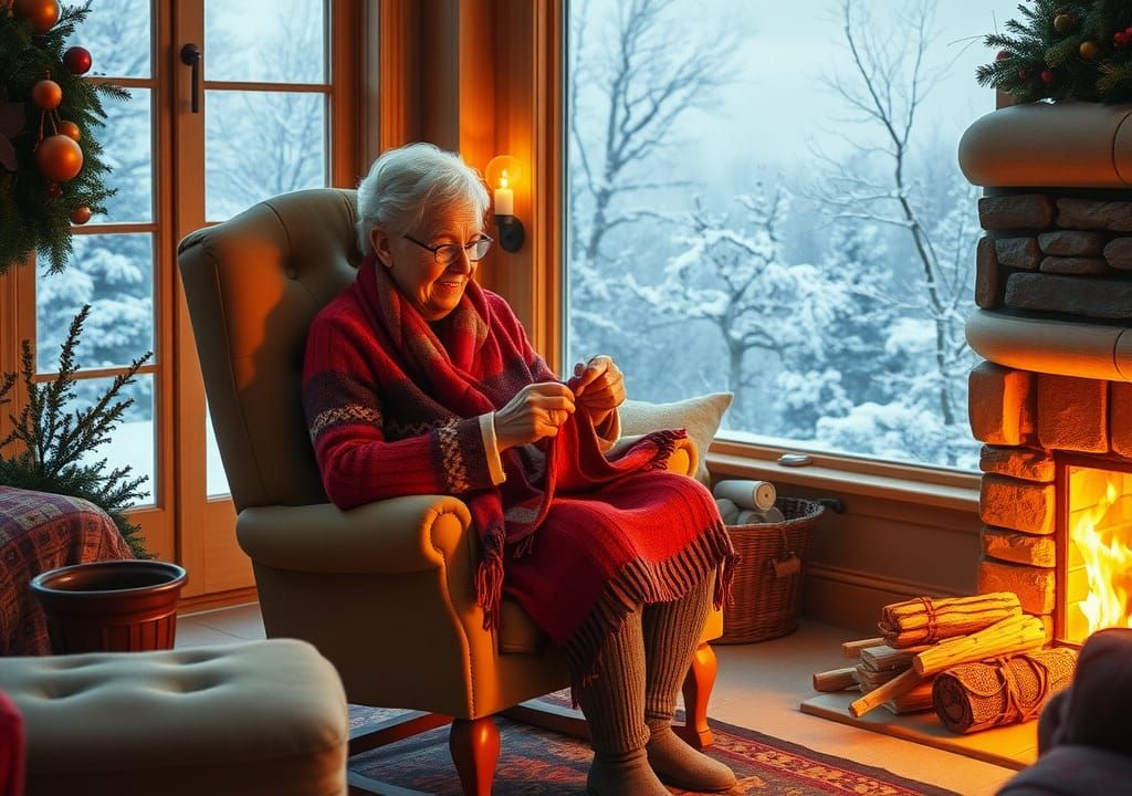 Cozy Granny Knitting by Fire in Snowy Home