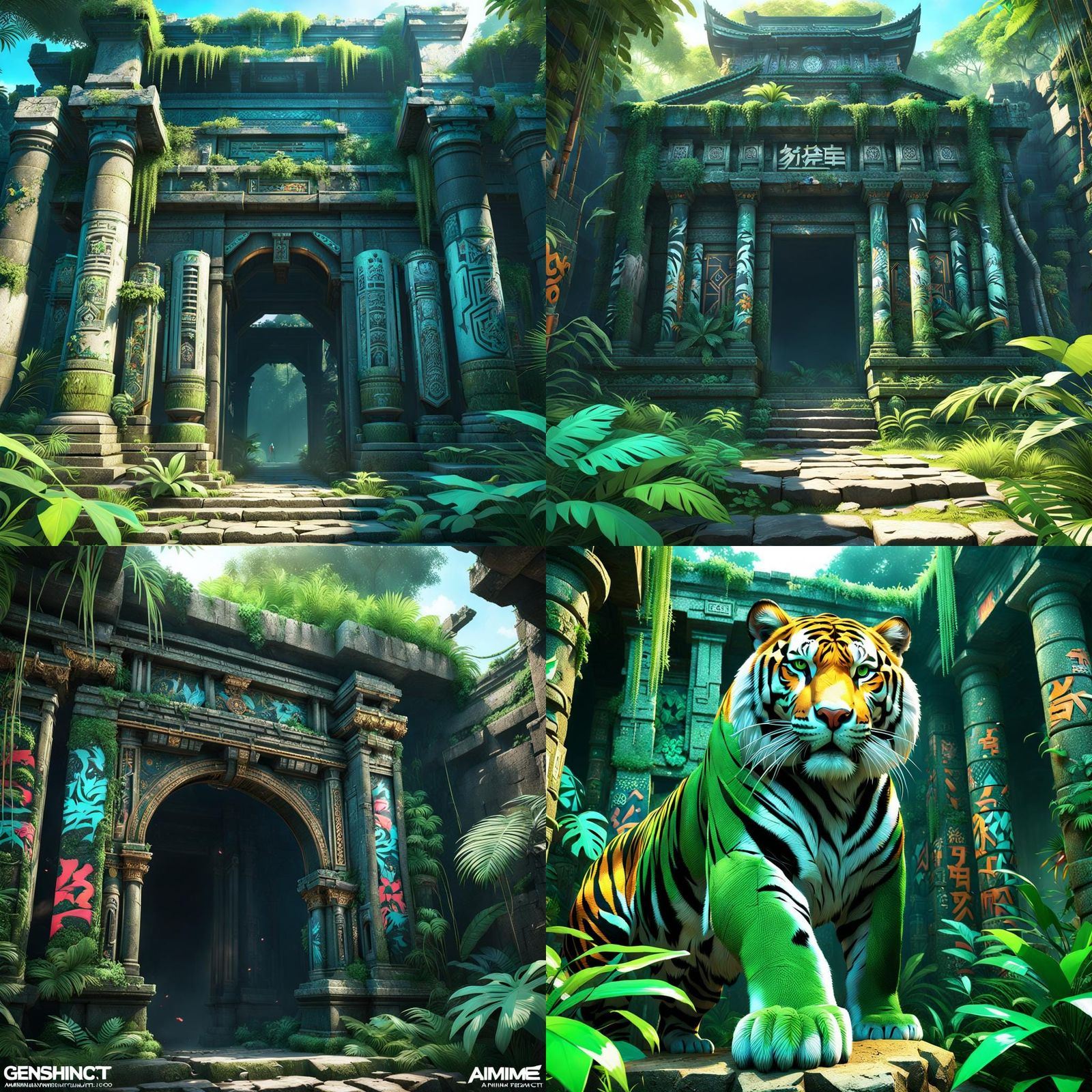 Tiger in Bronzepunk Jungle Ruins, Maximalist Graffiti Art
