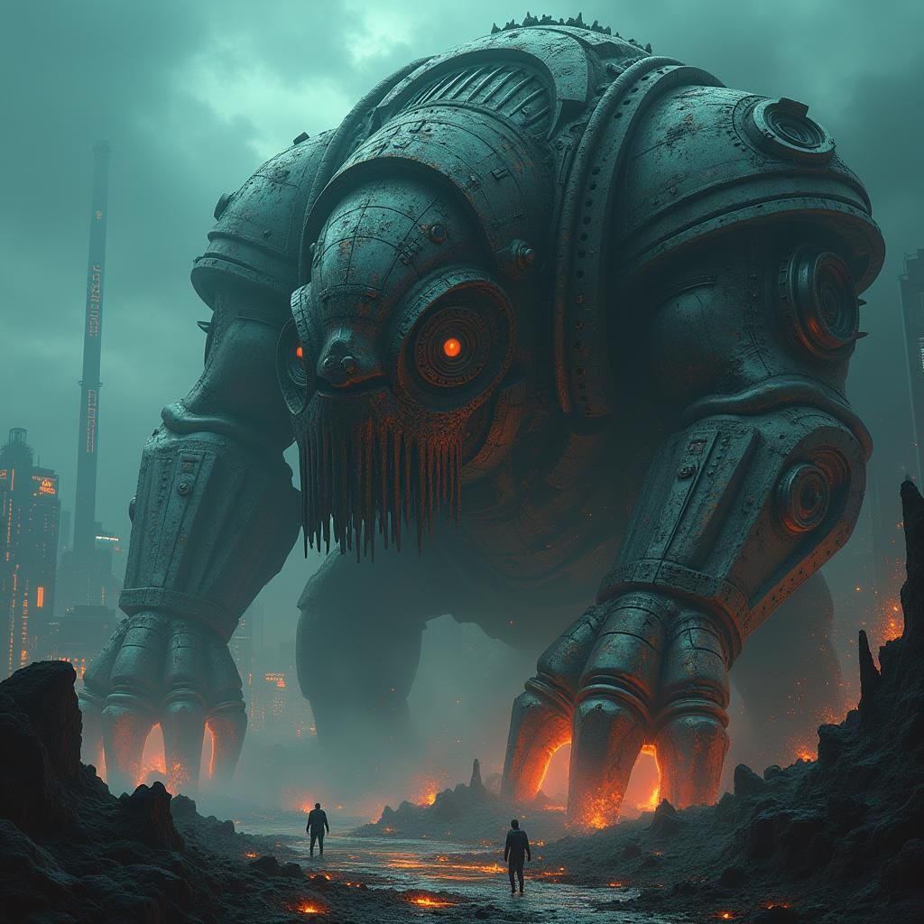 Colossal Metallic Behemoth Emerges: Industrial Fantasy Art