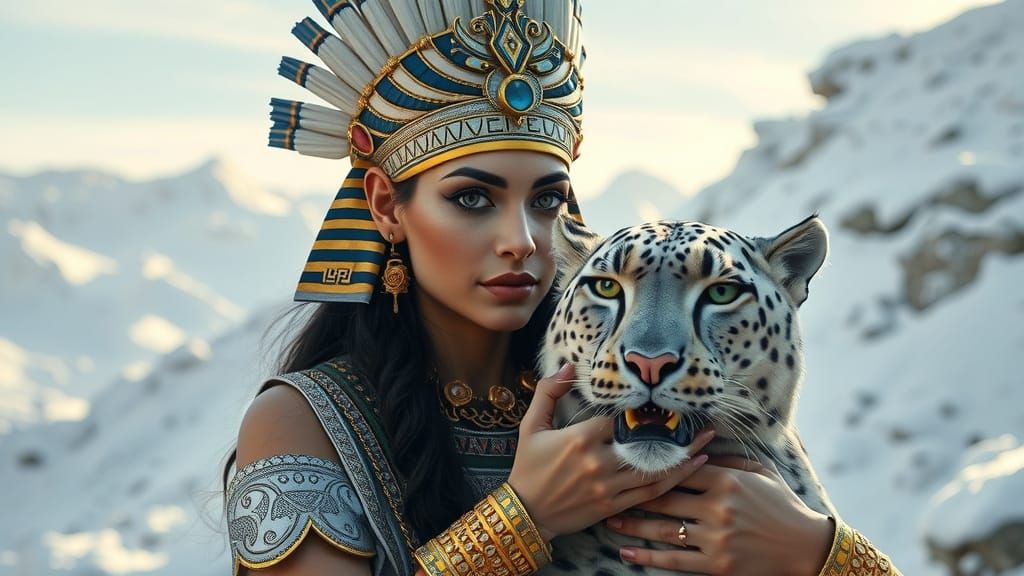 Regal Modern Pharaoh Goddess Amidst Snowy Wilderness