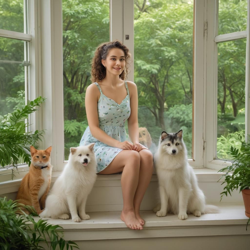 Pretty young lady , very popular with her pets