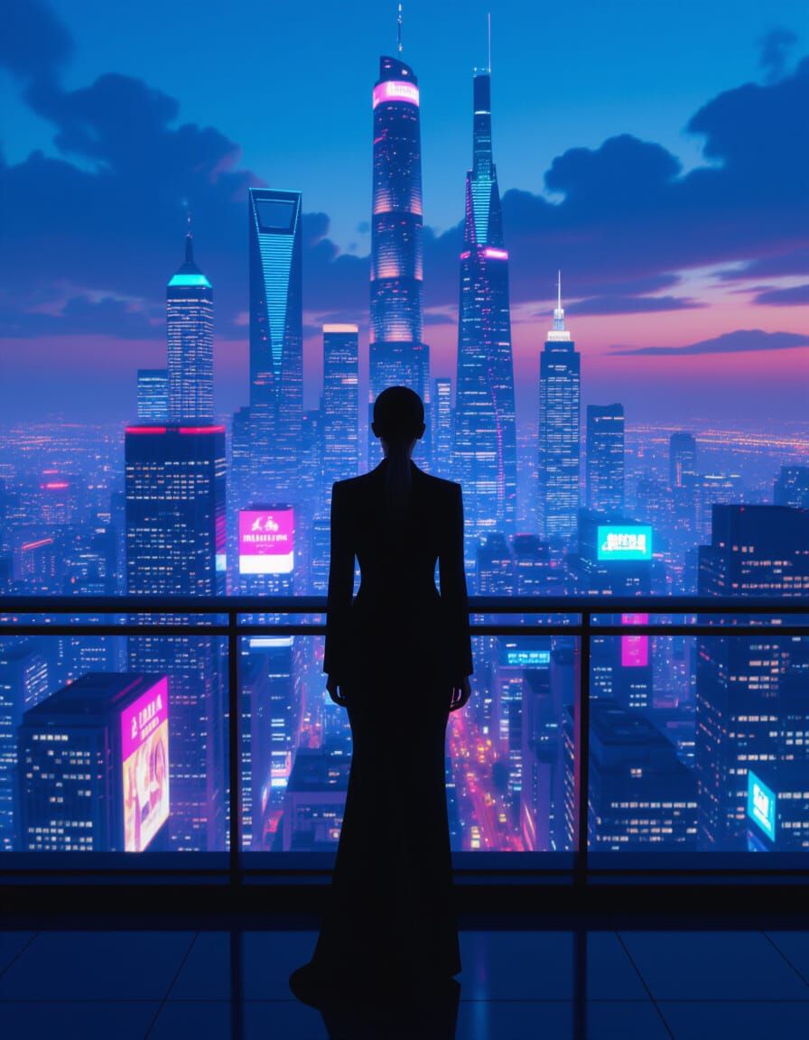 Elegant Woman in Suit Overlooking Neon City at Dusk