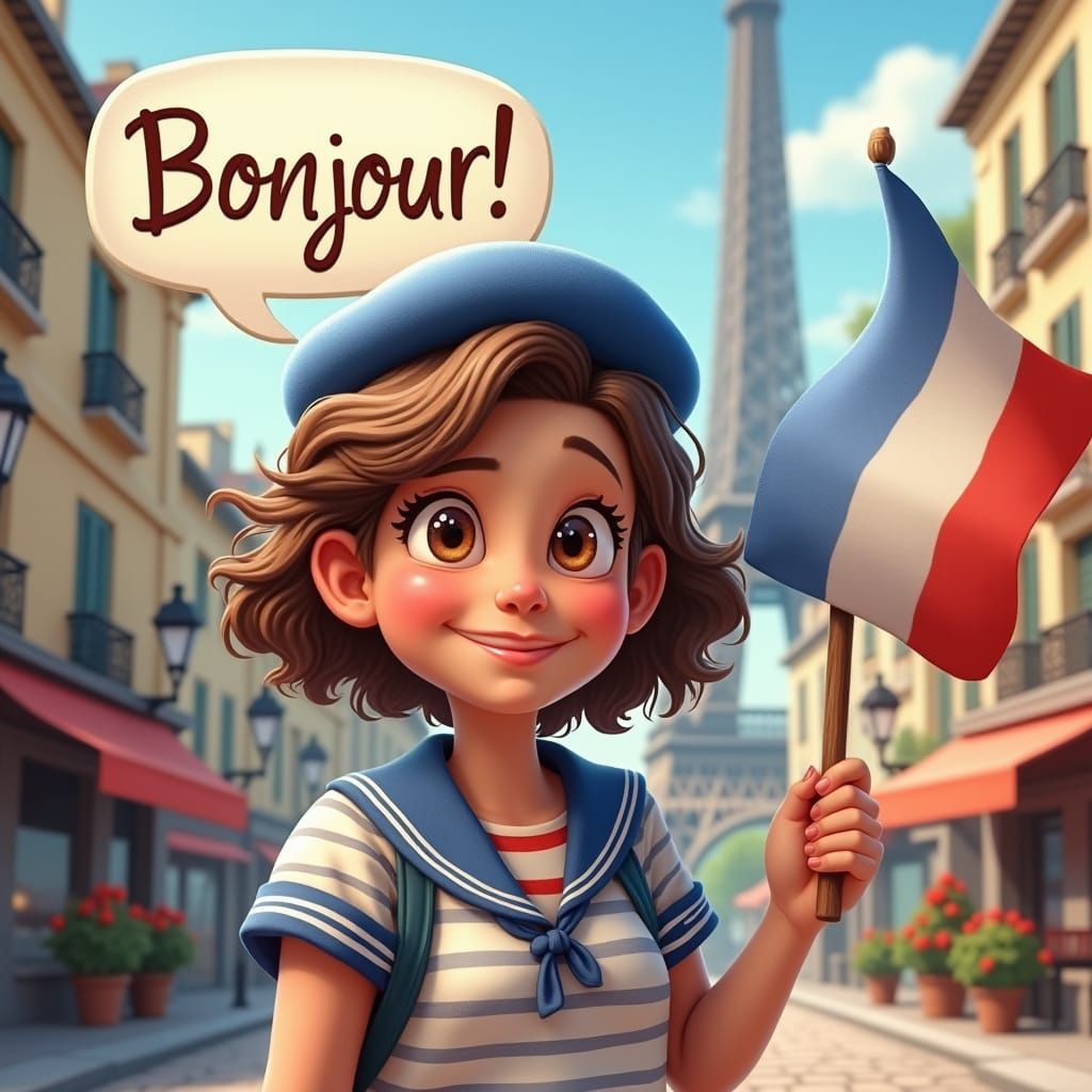 Cheerful Student Greets from Paris, Concept Art Style