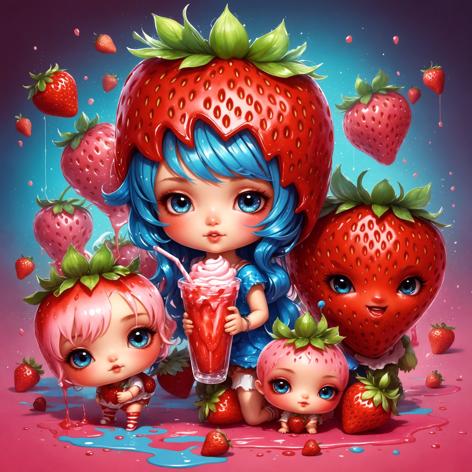 Kawaii Strawberry Party with Colorful Milkshakes