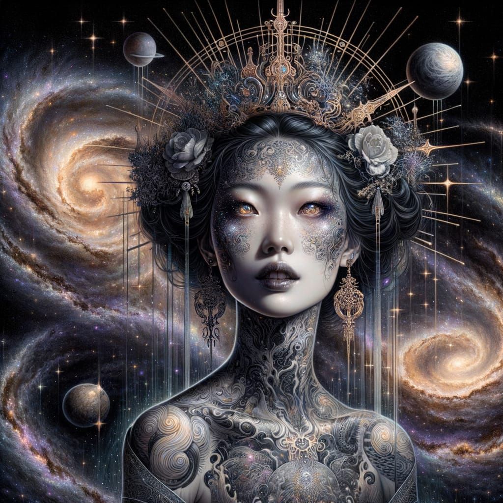 Ethereal Woman with Cosmic Tattoos, Art Nouveau Style