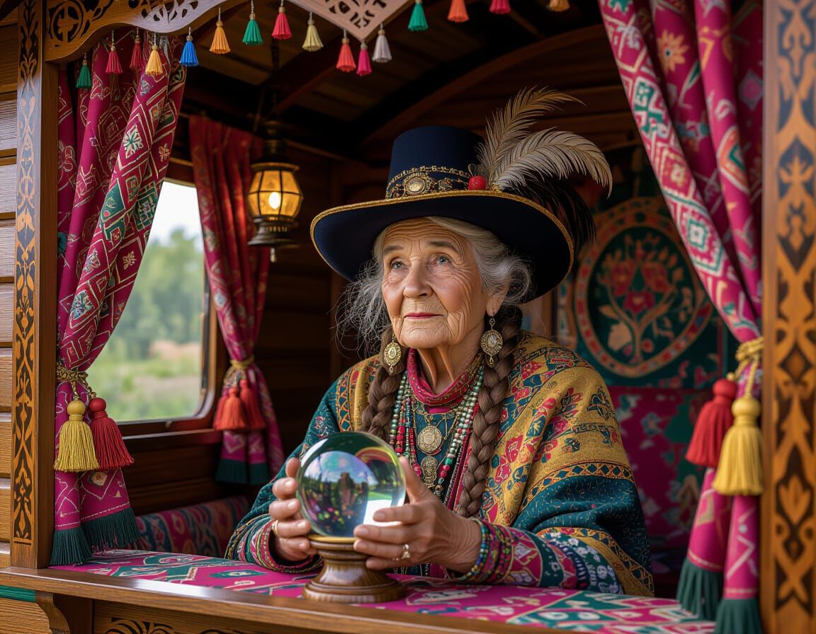 Gypsy Woman Gazing Into Crystal Ball in Ornate Caravan