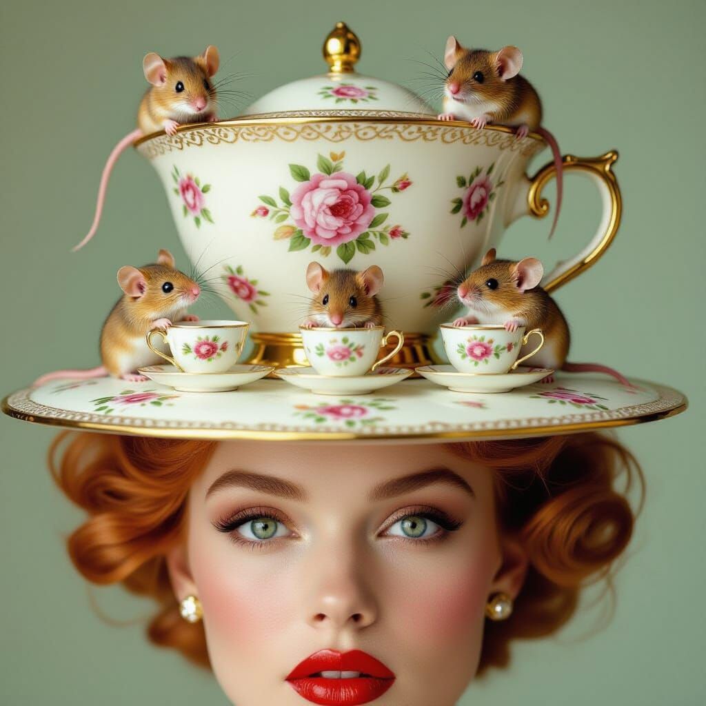 Extravagant Tea Table Hat with Mice, Editorial Photo