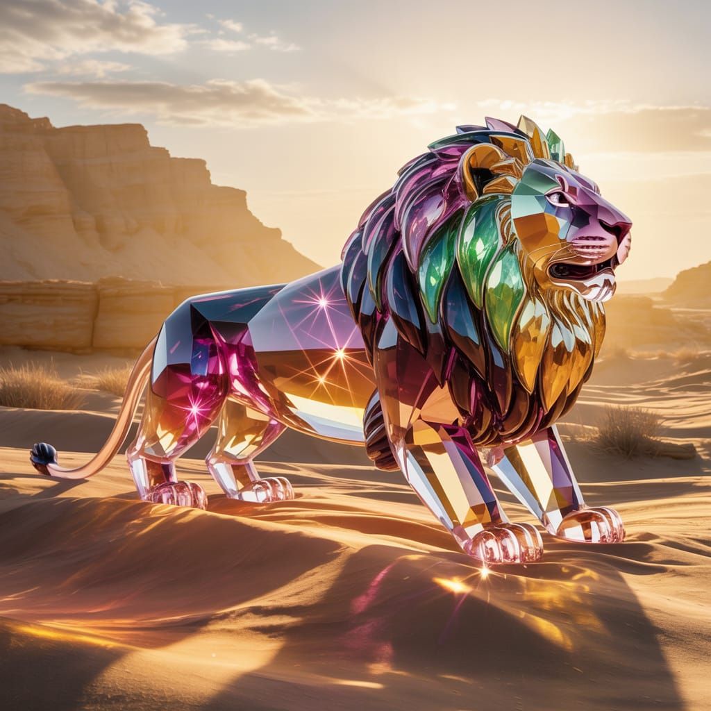 Melting Crystal Lion in Desert Sun, Albert Bierstadt Style
