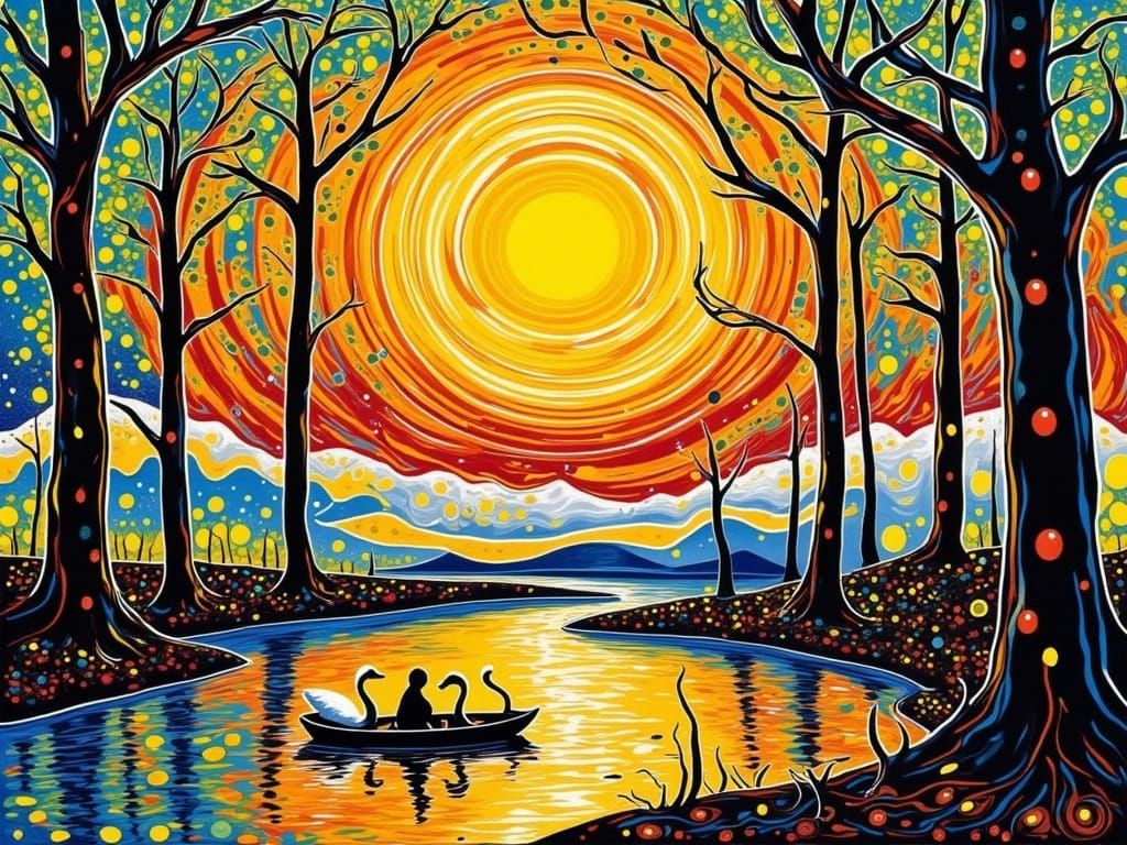 Impressionistic River Scene with Boat and Swans