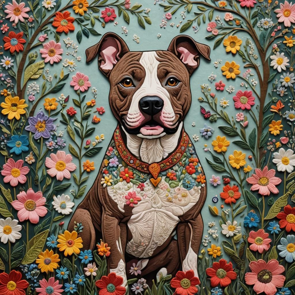Whimsical Pit Bull in Springtime Embroidery Style