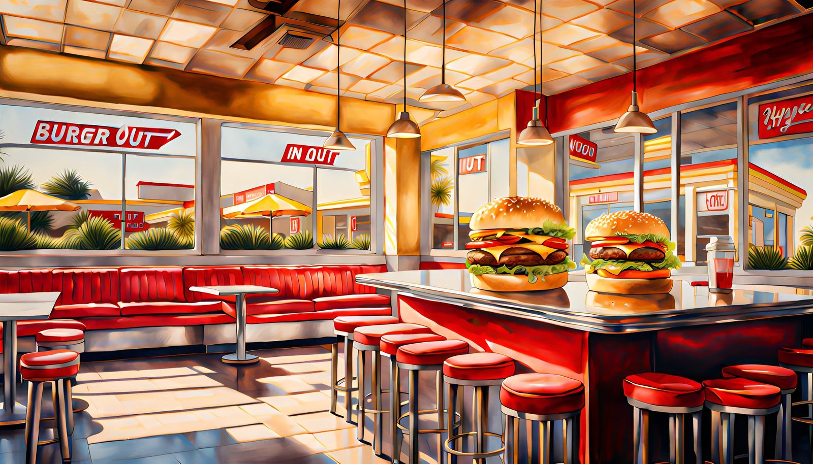 Hyperrealistic Watercolor Painting of IN N OUT Restaurant
