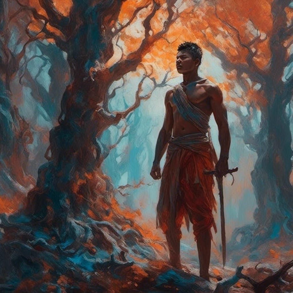 Furious Warrior in Mystical Forest: Dark Fantasy Art