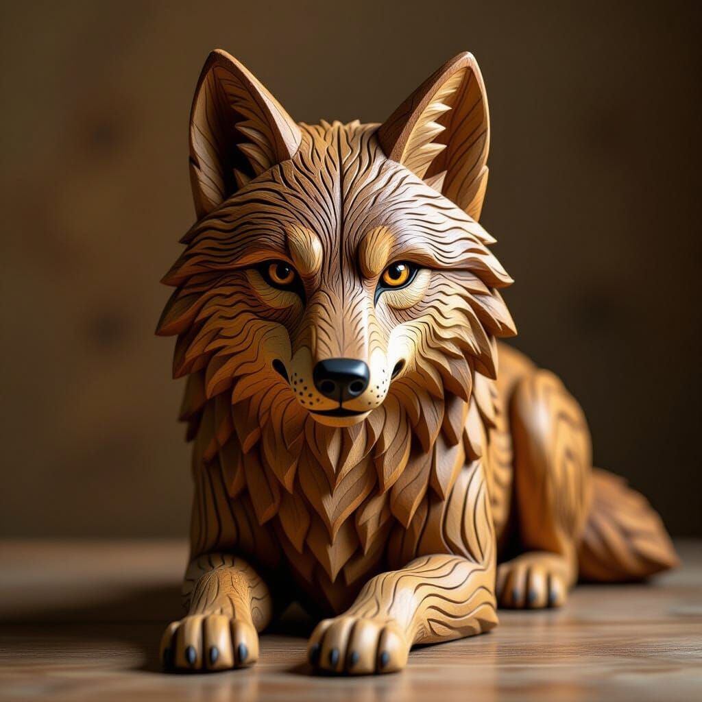 Intricately Carved Wooden Wolf with Fur Texture