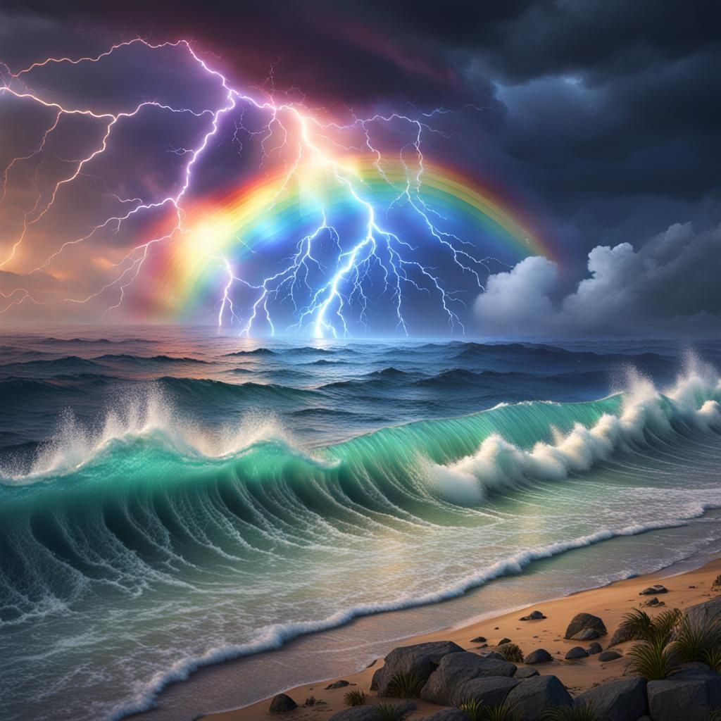 Rainbow Lightning Over Ocean: Fantasy Concept Art