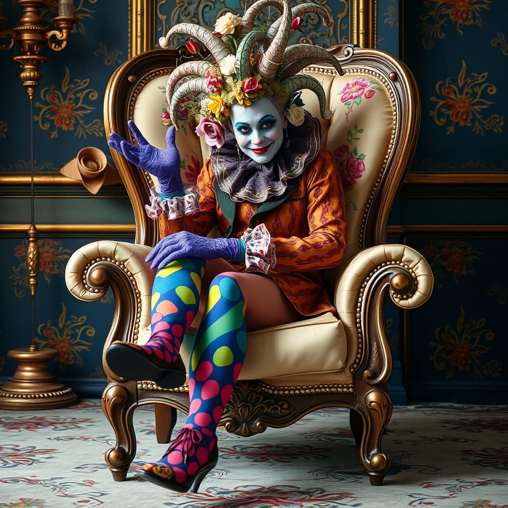 Jester in Vintage Luxury, Adorned with Whimsical Flowers and...